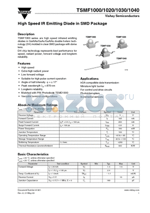 TSMF1000 datasheet - High Speed IR Emitting Diode in SMD Package