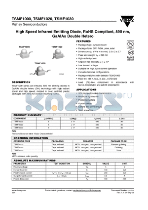 TSMF1000 datasheet - High Speed Infrared Emitting Diode, RoHS Compliant, 890 nm, GaAlAs Double Hetero
