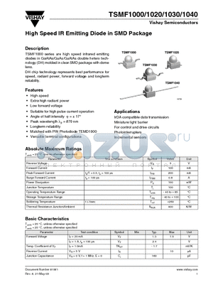 TSMF1020 datasheet - High Speed IR Emitting Diode in SMD Package