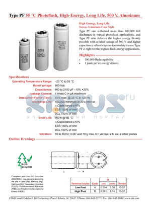 PF102V500AF2B datasheet - 55 C Photoflash, High-Energy, Long Life, 500 V, Aluminum