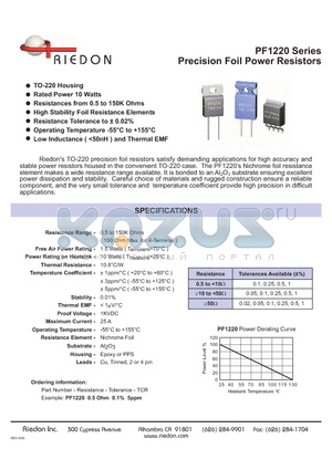 PF1220 datasheet - PF1220 Series Precision Foil Power Resistors