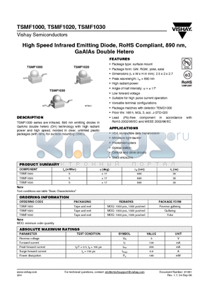 TSMF1030 datasheet - High Speed Infrared Emitting Diode, RoHS Compliant, 890 nm, GaAlAs Double Hetero