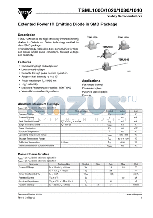 TSML1000 datasheet - Extented Power IR Emitting Diode in SMD Package