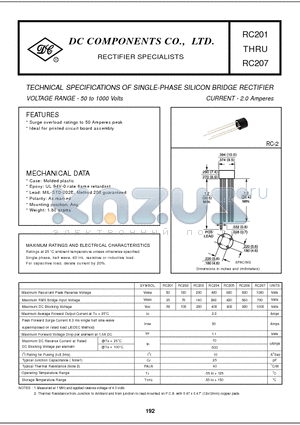 RC202 datasheet - TECHNICAL SPECIFICATIONS OF SINGLE-PHASE SILICON BRIDGE RECTIFIER