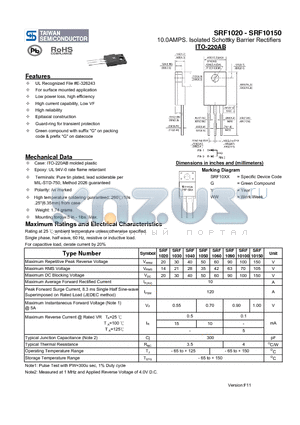 SRF1040 datasheet - 10.0AMPS. Isolated Schottky Barrier Rectifiers