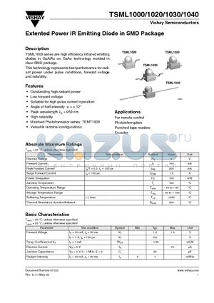 TSML1020 datasheet - Extented Power IR Emitting Diode in SMD Package