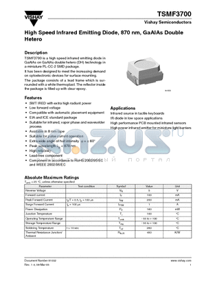 TSMF3700 datasheet - GaAlAs/GaAlAs Infrared Emitting Diode in SMT Package