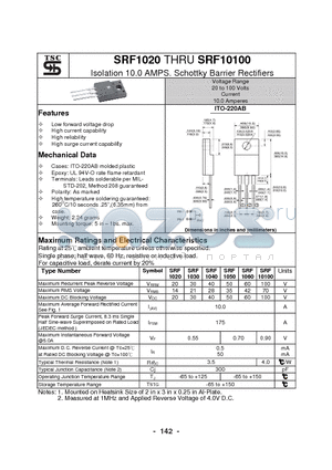 SRF1050 datasheet - Isolation 10.0 AMPS. Schottky Barrier Rectifiers