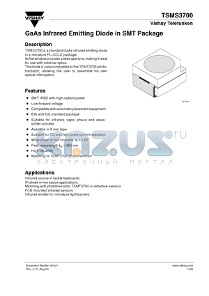 TSMS3700 datasheet - GaAs Infrared Emitting Diode in SMT Package