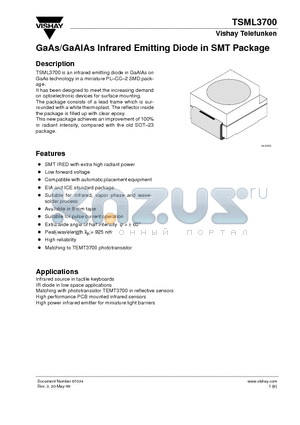 TSML3700 datasheet - GaAs/GaAlAs Infrared Emitting Diode in SMT Package