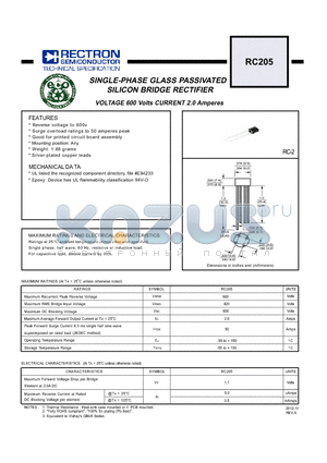 RC205 datasheet - SINGLE-PHASE GLASS PASSIVATED SILICON BRIDGE RECTIFIER