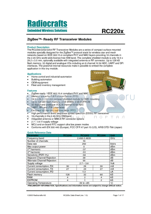RC2200 datasheet - ZigBee Ready RF Transceiver Modules