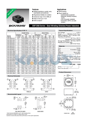 SRF1260-100M datasheet - SRF1260 Series - Dual-Winding Shielded Power Inductors