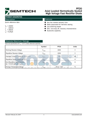 PF20 datasheet - Axial Leaded Hermetically Sealed High Voltage Fast Rectifier Diode