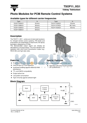 TSOP1130XG1 datasheet - Photo Modules for PCM Remote Control Systems