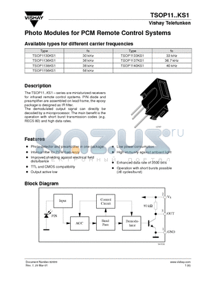 TSOP1133KS1 datasheet - Photo Modules for PCM Remote Control Systems