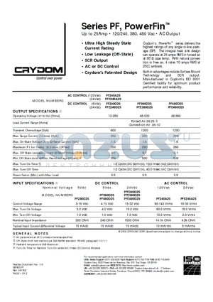 PF240D25 datasheet - Up to 25Amp  120/240, 380, 480 Vac  AC Output