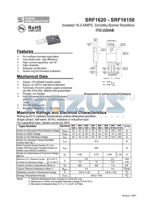 SRF16100 datasheet - Isolated 16.0 AMPS. Schottky Barrier Rectifiers