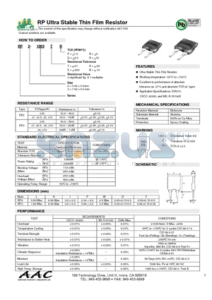 RP2-1003AQ datasheet - RP Ultra Stable Thin Film Resistor