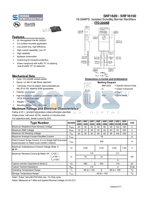 SRF1620_11 datasheet - 16.0AMPS. Isolated Schottky Barrier Rectifiers