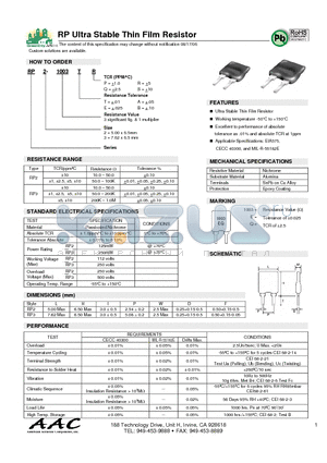 RP2-1003ES datasheet - RP Ultra Stable Thin Film Resistor
