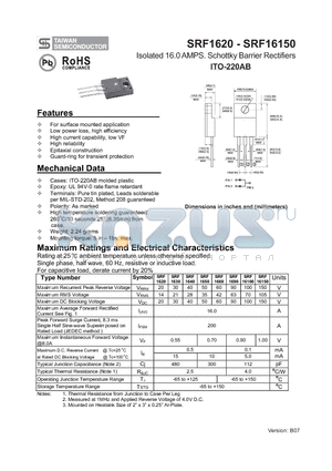 SRF1630 datasheet - Isolated 16.0 AMPS. Schottky Barrier Rectifiers