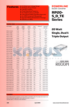 RP20-1205DE datasheet - 20 Watt Single, Dual & Triple Output