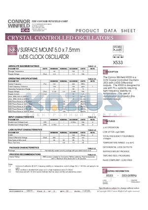 X533 datasheet - 3.3V SURFACE MOUNT 5.0 x 7.5mm LVDS CLOCK OSCILLATOR