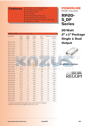 RP20-123.3SFN datasheet - 20 Watt 2 x 1 Package Single & Dual Output