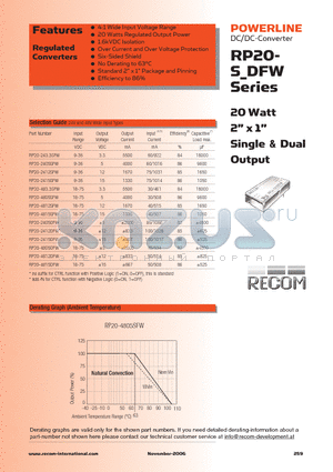 RP20-2405SFWN datasheet - 20 Watt 2 x 1 Single & Dual Output