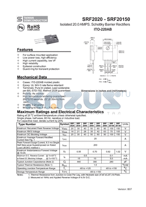 SRF20100 datasheet - Isolated 20.0 AMPS. Schottky Barrier Rectifiers