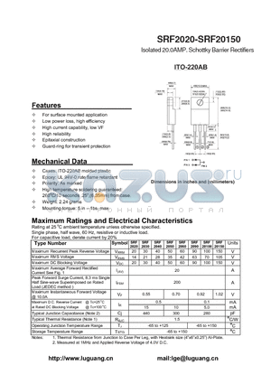 SRF20100 datasheet - Isolated 20.0AMP. Schottky Barrier Rectifiers