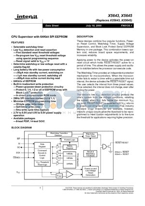 X5643S14-2.7A datasheet - CPU Supervisor with 64Kbit SPI EEPROM