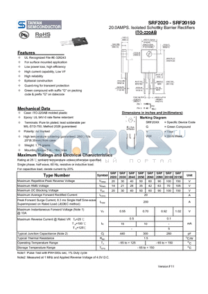 SRF20100 datasheet - 20.0AMPS. Isolated Schottky Barrier Rectifiers