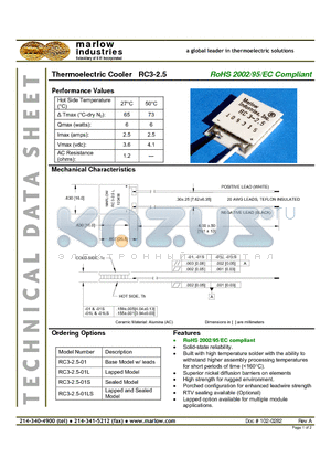 RC3-2.5-01L datasheet - Thermoelectric Cooler