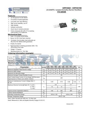 SRF20150 datasheet - 20.0AMPS. Isolated Schottky Barrier Rectifiers