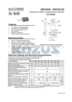 SRF2040 datasheet - Isolated 20.0 AMPS. Schottky Barrier Rectifiers