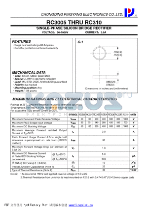 RC3005 datasheet - SINGLE-PHASE SILICON BRIDGE RECTIFIER