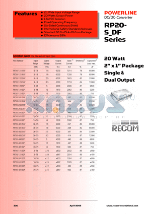 RP20-242.5SF datasheet - 20 Watt 2inch x 1inch Package Single & Dual Output