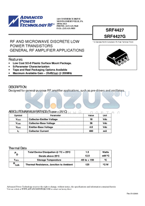 SRF4427G datasheet - RF AND MICROWAVE DISCRETE LOW POWER TRANSISTORS GENERAL RF AMPLIFIER APPLICATIONS