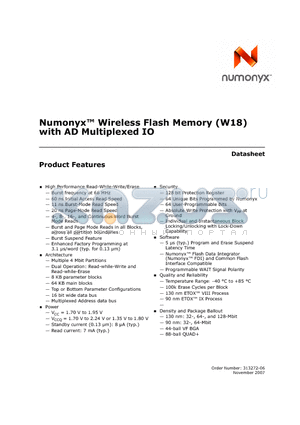 PF38F5070M0Y0B0 datasheet - Numonyx Wireless Flash Memory (W18) with AD Multiplexed IO