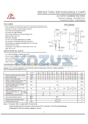 SRF520 datasheet - SCHOTTKY BARRIER RECTIFIER Reverse Voltage - 20 to 200 Volts Forward Current - 5.0Amperes