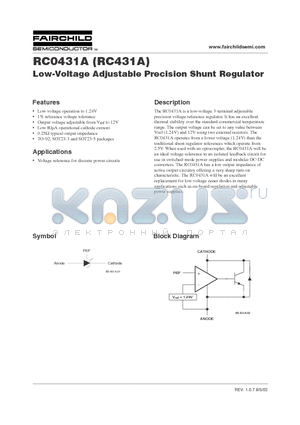 RC431A datasheet - Low-Voltage Adjustable Precision Shunt Regulator