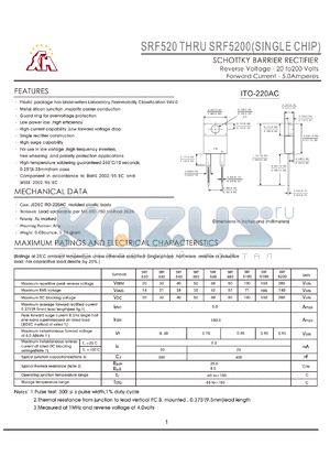 SRF580 datasheet - SCHOTTKY BARRIER RECTIFIER Reverse Votage - 20 to 200 Volts Forward Current - 5.0Amperes