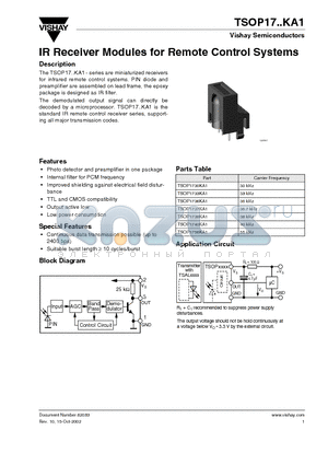 TSOP17 datasheet - IR Receiver Modules for Remote Control Systems