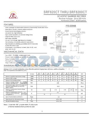 SRF8100CT datasheet - SCHOTTKY BARRIER RECTIFIER Reverse Voltage - 20 to 200 Volts Forward Current - 10.0Amperes