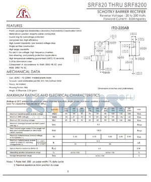 SRF820 datasheet - SCHOTTKY BARRIER RECTIFIER Reverse Voltage - 20 to 200 Volts Forward Current - 10.0Amperes