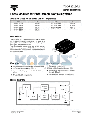 TSOP1730SA1 datasheet - Photo Modules for PCM Remote Control Systems