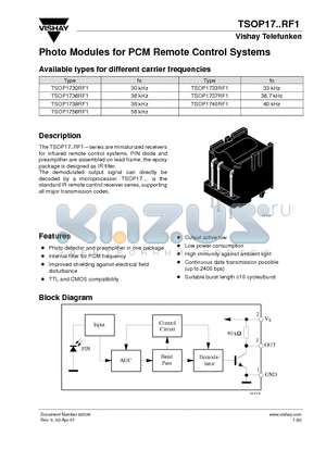 TSOP1730RF1 datasheet - Photo Modules for PCM Remote Control Systems