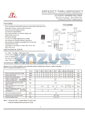 SRF820CT datasheet - SCHOTTKY BARRIER RECTIFIER Reverse Voltage - 20 to 200 Volts Forward Current - 8.0Amperes